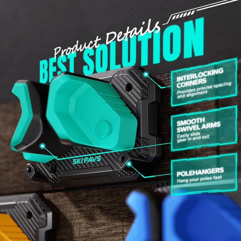 Skifavs Ski & Snowboard Wall Rack for Garage Wall — Universal Fit, Damage-Free Storage Rack, Green (6-Pack)