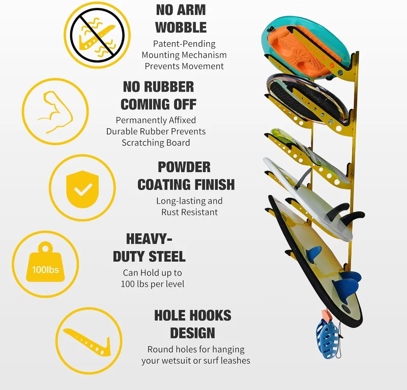 5-Board Wall-Mounted Rack for Surfboards, Wakeboards and Snowboards – Adjustable Wall Hangers for Display & Storage
