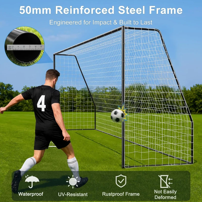 MOPHOTO Foldable Soccer Goal — Multiple Sizes (6x4/8x6/10x6.5/12x6/16x7/18.5x6.5/21x7/24x8 ft) — Full-Size Backyard & Training Goal for Teens & Adults