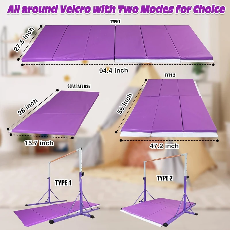 5FT/6FT Kids Adjustable Gymnastics Bar – Horizontal Training Bar for Ages 5–20, Height Range 35.4""–59"" / 45""–71"", 500 lb Max, Home Use