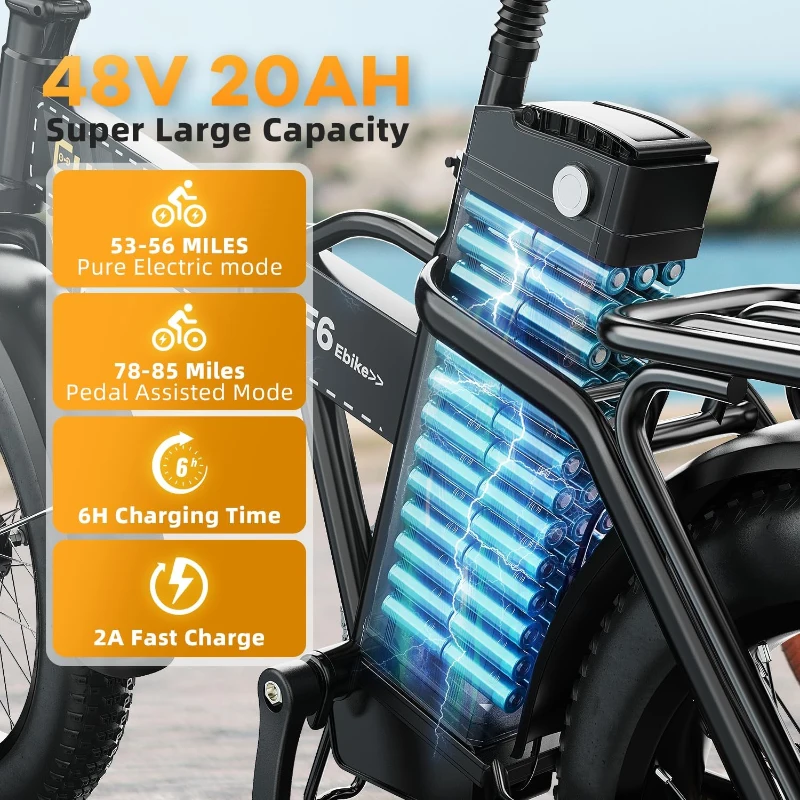1000W Folding Electric Bike - 48V 20Ah Detachable Battery, 30+ MPH, 80-Mile Range, 20-inch Fat Tire, EABS Brakes & 7-Speed