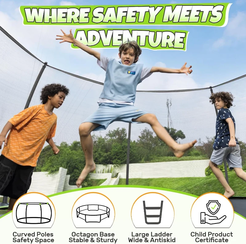 BCAN 8–16FT Safety-Enclosed Recreational Trampoline with Ladder — ASTM F381-16 Approved Outdoor Trampoline for Kids & Adults