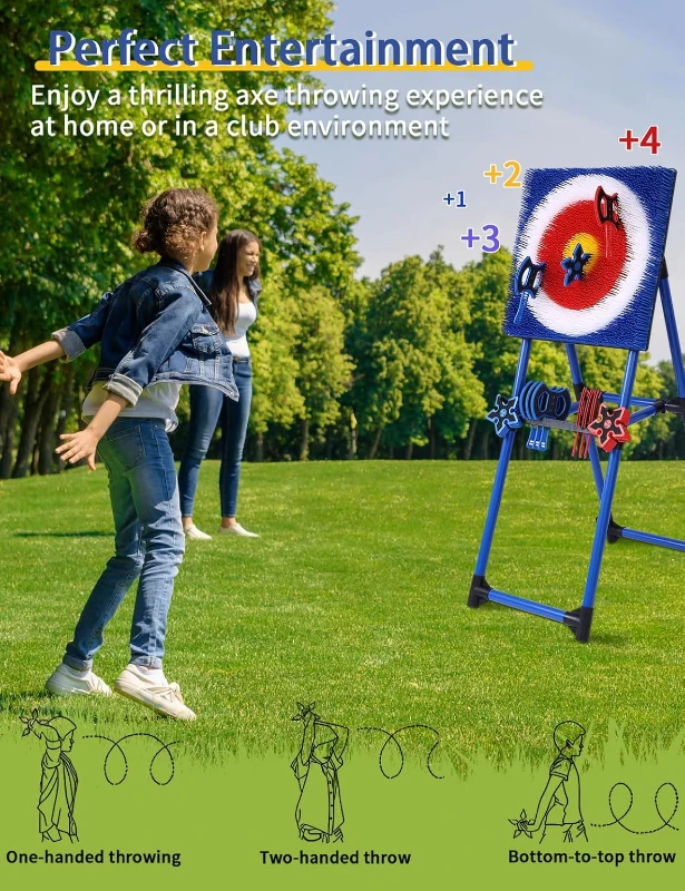 4-in-1 Bristle Axe Throwing Target Set with 8 Long-Handled Axes & 8 Star Darts - Indoor/Outdoor Yard Game