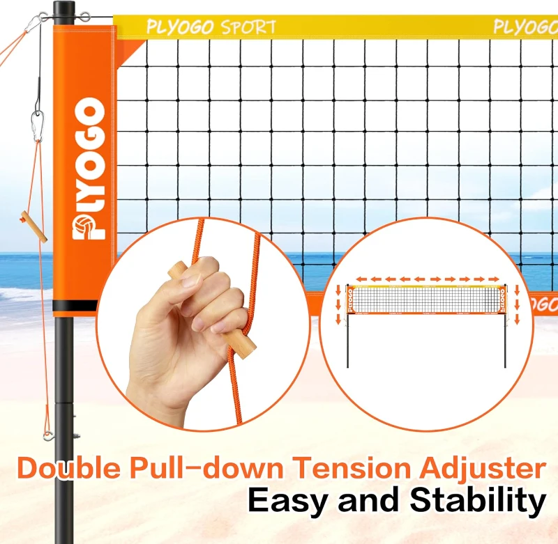 PLYOGO Heavy-Duty Portable Backyard Volleyball Net Set with Adjustable Aircraft Aluminum Poles, Anti-Sag Double-Tension System, 32' x 3', Includes 1680D Carry Bag