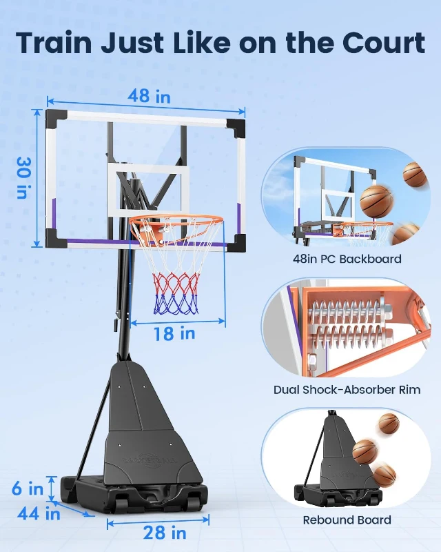 Portable Outdoor Basketball Hoop with 44/48"" Backboard – Quick Height Adjustment to 10ft, Mobile Base with Wheels for Court, Backyard or Driveway