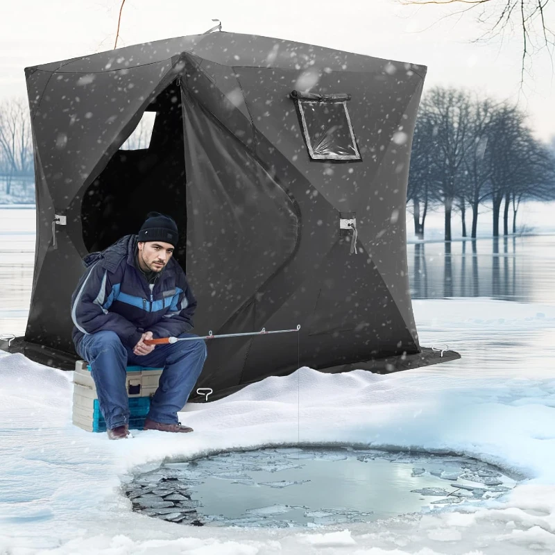 VEVOR Pop-Up Ice Fishing Shelter — Hub-Style Portable Tent, Insulated or Non-Insulated Options, Waterproof 300D Oxford Fabric, Includes Anchors, Ropes & Carry Bag (90 x 90 x 80 in)