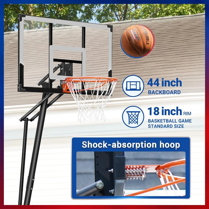 WIN.MAX 44"" Portable Basketball Hoop with Extra-Large Base — Adjustable 4.9–10 ft Goal System for Driveway and Backyard