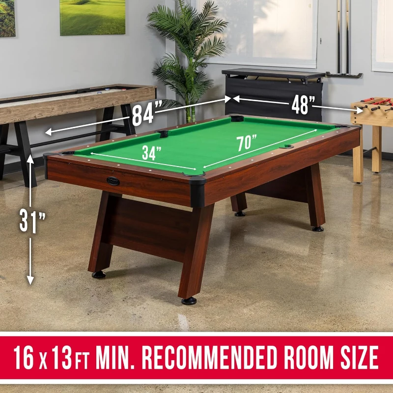 GoSports 7 ft Wood-Finish Pool Table — Rustic Brown Frame with Green Felt (7 x 4 ft)