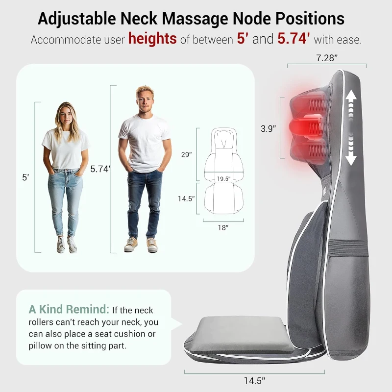 Mynt 2D & 3D Shiatsu Neck and Back Massager Pad — 10 Deep Kneading Nodes, Adjustable Height, Heat, Spot & Demo Modes — Portable Gray Chair Massage Cushion