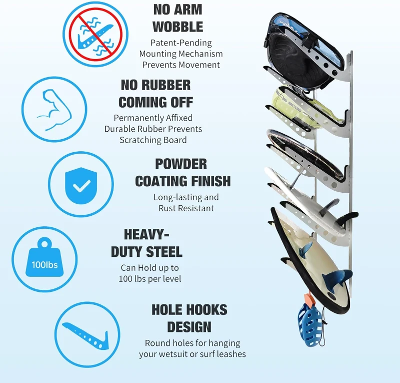 5 Board Surf Rack Wall Mount - Adjustable Wall Hangers for Surf, Wake, Snow Boards