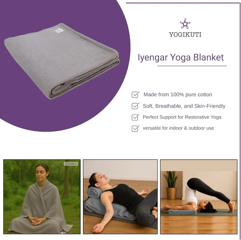 Yogikuti Iyengar Thick Handwoven Cotton Yoga Blanket Set of Two – Premium Support for Restorative Yoga, Meditation & Pranayama (Gray)