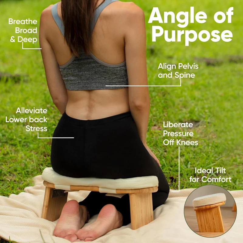 Portable Bamboo Seiza Meditation Bench with Extra-Thick 1.6"" Cushion - Magnetic Lock Hinge & Canvas Carry Bag for Stable, Ergonomic Kneeling