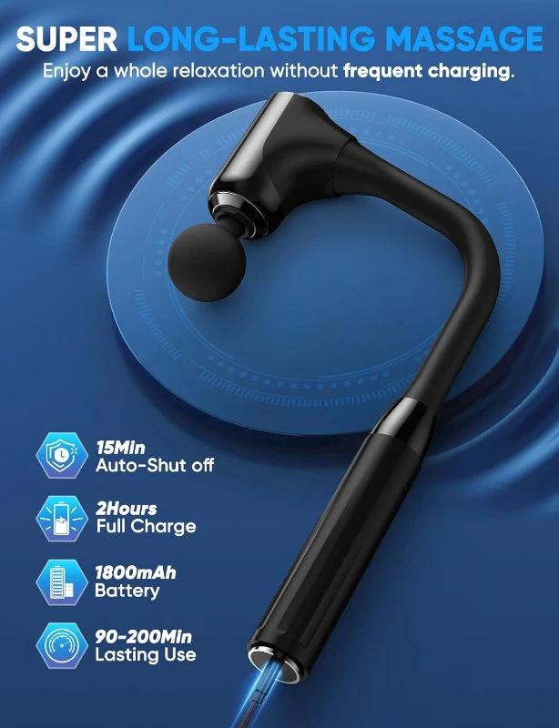 Extended-Handle Deep Tissue Massage Gun — Percussion Back Massager with 12mm Stroke, Less-Shock Ergonomic Design, Infinitely Adjustable Speed and 4 Replaceable Heads for Neck/Shoulder/Leg/Foot Relief