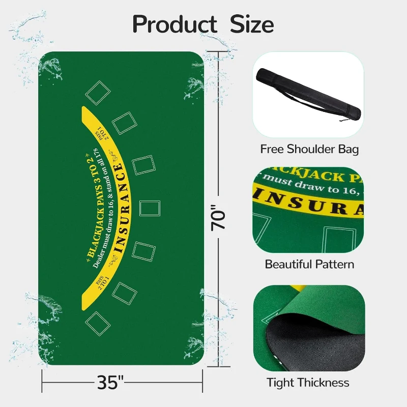 70 x 35 Inch Upgraded Waterproof Casino Blackjack Layout Mat with Carrying Bag — Anti-Slip Rubber Table Top Cover for Parties and Game Nights