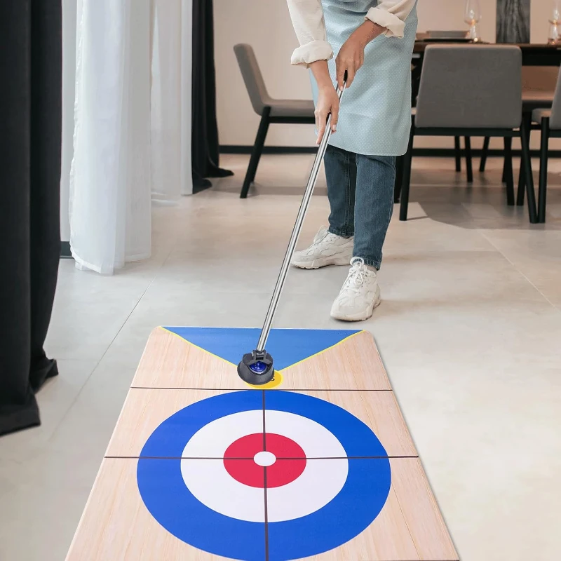 3-in-1 Shuffleboard, Curling & Bowling Board Game Set with 11.8 ft Mat, 2 Cues, 8 Rocks & 6 Pins - Family Fun