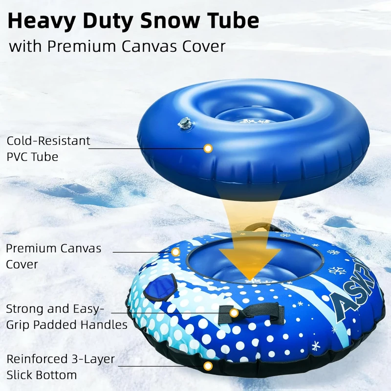 48"" Heavy-Duty Inflatable Snow Tube with Canvas Cover, Padded Handles, Thick Bottom & Tow Rope — Cold-Resistant Winter Sled (Includes Repair Patches)