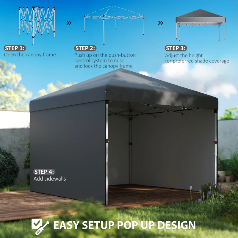 Outsunny 10' x 10' Pop Up Canopy with Sidewalls, Roller Bag, Height Adjustable Instant Tent for Outdoor, Garden, Patio, Dark Grey