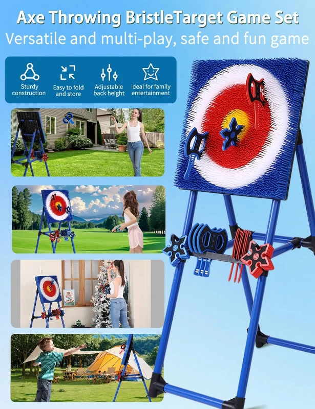 4-in-1 Bristle Axe Throwing Target Set with 8 Long-Handled Axes & 8 Star Darts - Indoor/Outdoor Yard Game