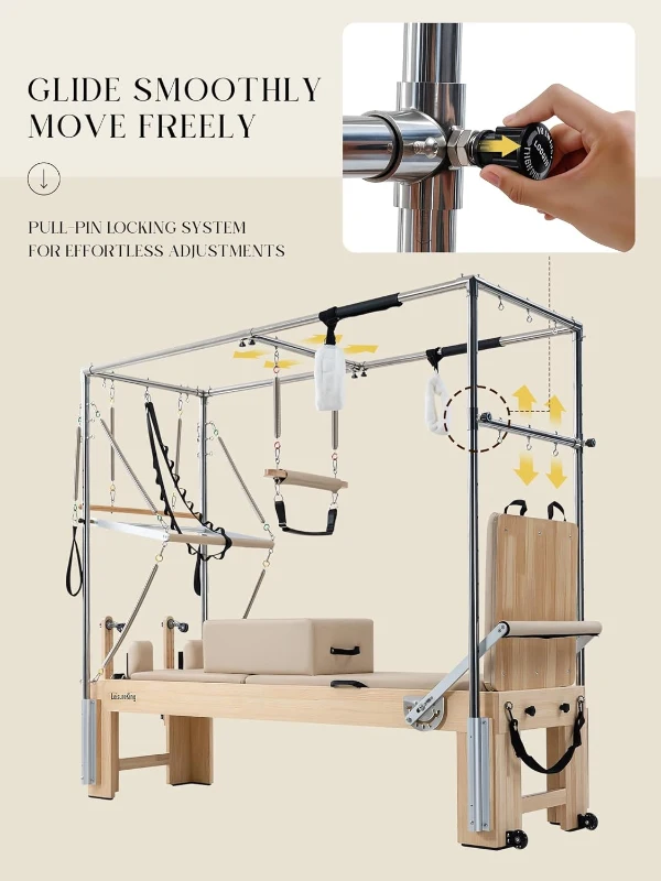 3-in-1 Pilates Reformer Cadillac Combo — Oak Wood Reformer with Cadillac Trapeze & Tower, Quick-Convert Studio-Grade Equipment