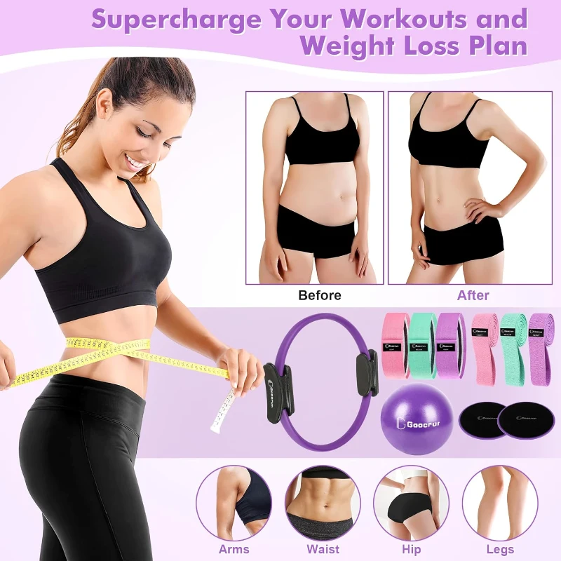 Home Pilates Training Kit — 14-Inch Foam-Padded Fiberglass Ring with Fabric Bands, Sliding Discs and Small Ball