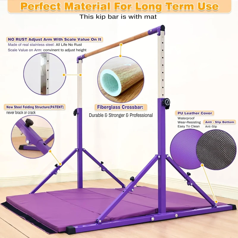 MARFULA Foldable Gymnastic Kip Bar Set with Mat — 4ft Width, 5ft Base, Adjustable Height (36""–60""), Professional Training Equipment for Kids, Home & Club