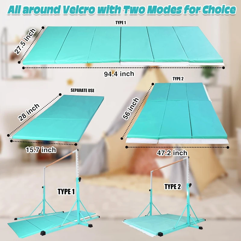 Adjustable Kids Gymnastics Bar with Mat – 5 ft / 6 ft Horizontal Bar, 35""–59"" Height Range, 500 lb Capacity, Foldable Training Equipment for Ages 5–20