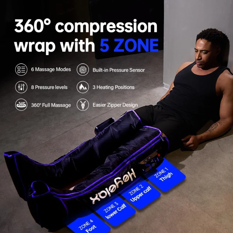 Heyelax Air Compression Leg Massager with Heat — Cordless Recovery Boots Sleeve for Circulation & Pain Relief, Thigh-to-Foot Compression (Large, 2-Pack, FSA)