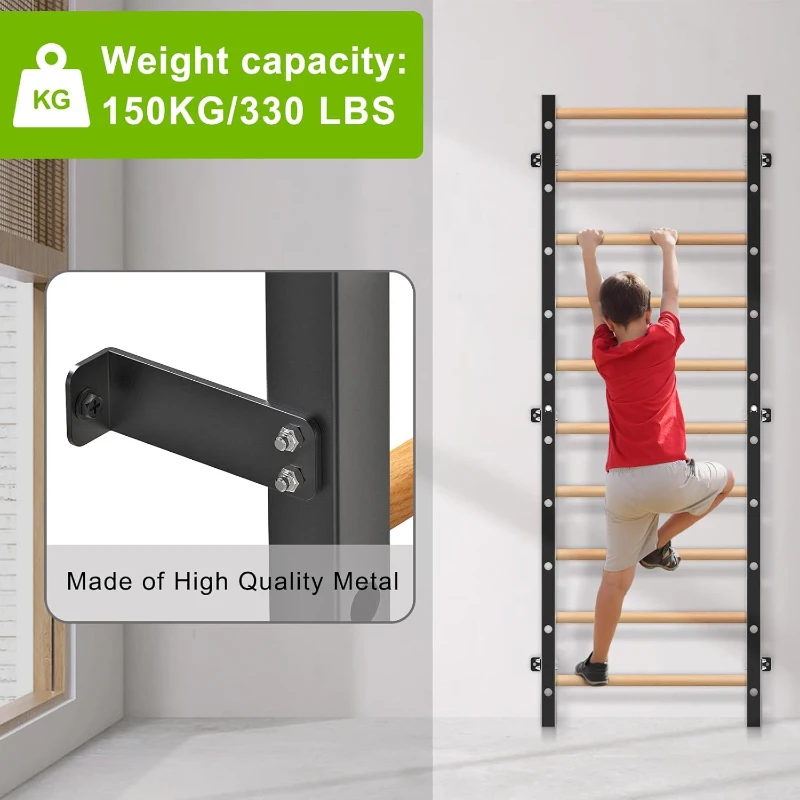 Kipika 2""x2"" Wall-Mounted Swedish Ladder with 1"" Hole — Pull-Up Bar & Suspension Trainer with Solid Wood Handles for Home, Wall Gyms, Schools