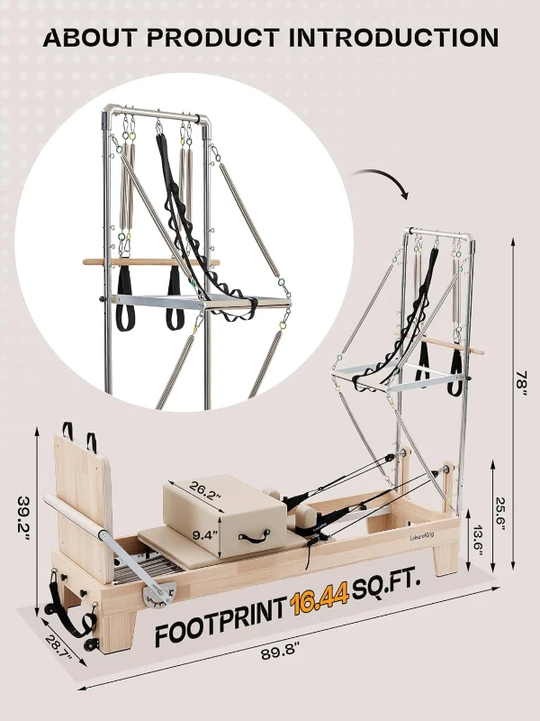 Oak Wood Pilates Reformer with Tower — Quick-Assembly Studio-Grade Reformer Machine with Tower & Accessories for Home and Gym