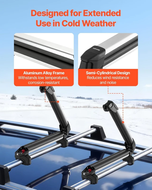 VEVOR Aluminum Ski & Snowboard Roof Rack — Holds up to 4 Pairs of Skis or 2 Snowboards, Locking, Rubber-Padded, Universal Fit for Most Crossbars