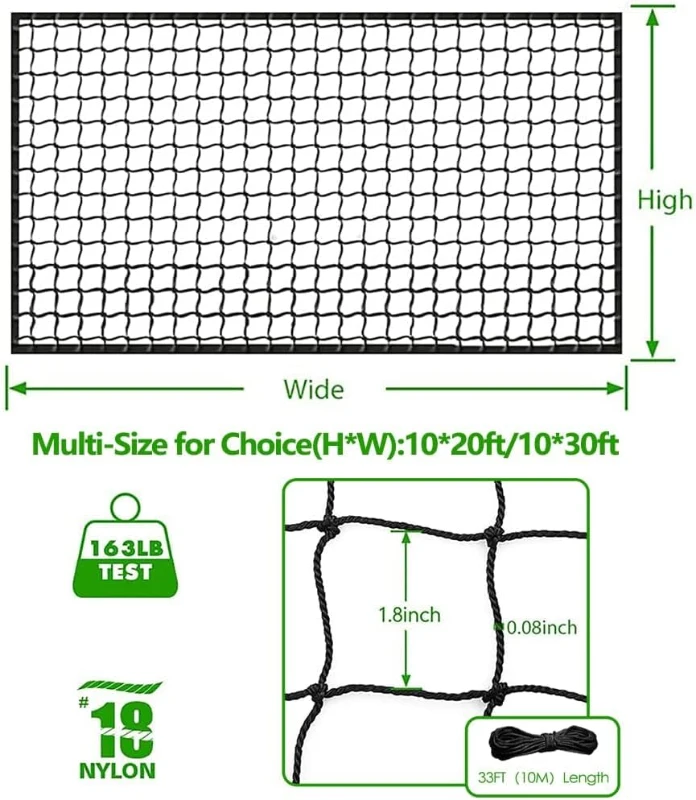 Heavy-Duty Baseball/Softball Backstop Netting #18 - Durable Polyethylene Sports Barrier, Various Sizes (10'x10' to 15'x50')