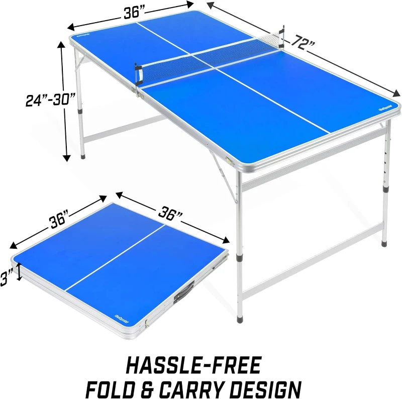 GoSports 6 x 3 ft Mid-Size Table Tennis Set – Foldable, 4-Position Height (24–30 in), Includes Net, 2 Paddles & 4 Balls – Blue or Green