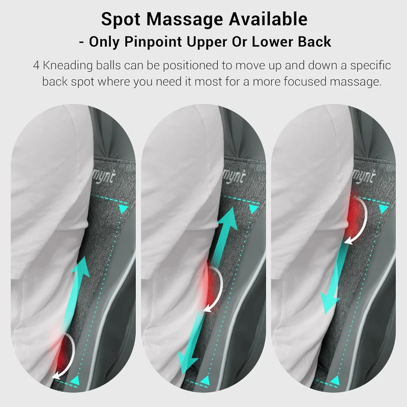 Mynt 2D & 3D Shiatsu Neck and Back Massager Pad — 10 Deep Kneading Nodes, Adjustable Height, Heat, Spot & Demo Modes — Portable Gray Chair Massage Cushion
