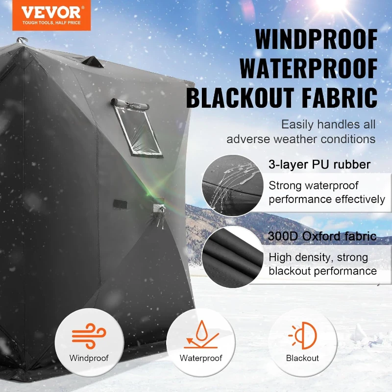 VEVOR Pop-Up Ice Fishing Shelter — Hub-Style Portable Tent, Insulated or Non-Insulated Options, Waterproof 300D Oxford Fabric, Includes Anchors, Ropes & Carry Bag (90 x 90 x 80 in)