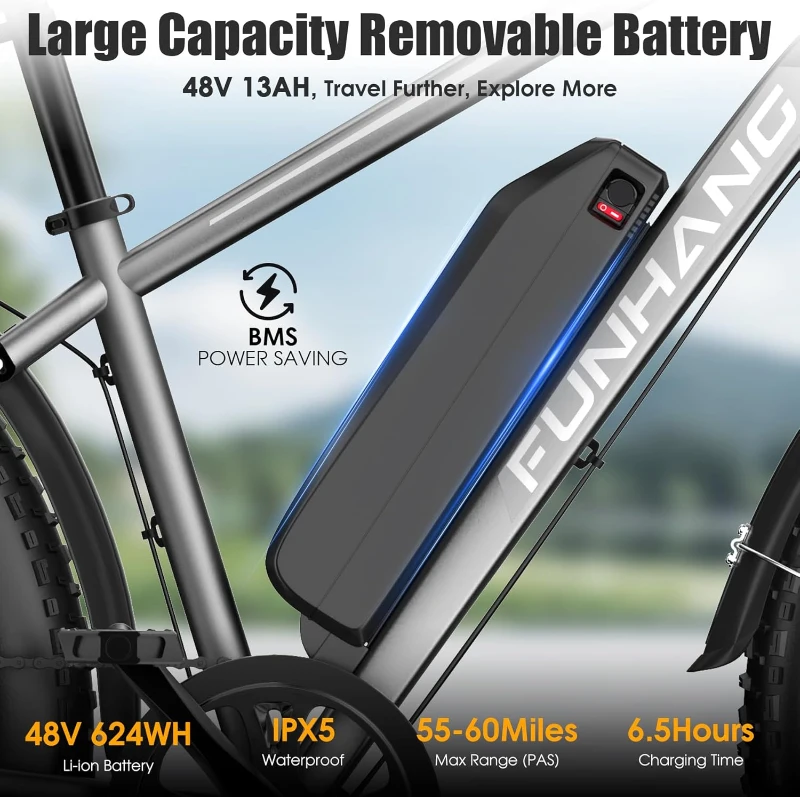 Funhang Electric Bike for Adults - Peak 1000W Ebike, 26"" Fat Tire Mountain Bike, 25 MPH, 60 Mile Range, 48V 13Ah Battery, Rear Rack, Front Suspension, 7-Speed, UL 2849 Certified