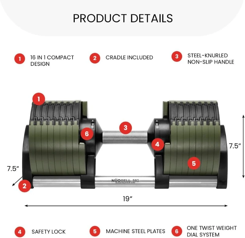 NUOBELL Adjustable Dumbbells 5–80 lbs (Pair) – Replaces 16 Sets, Fast Twist Adjustment for Home Bench & Press Workouts