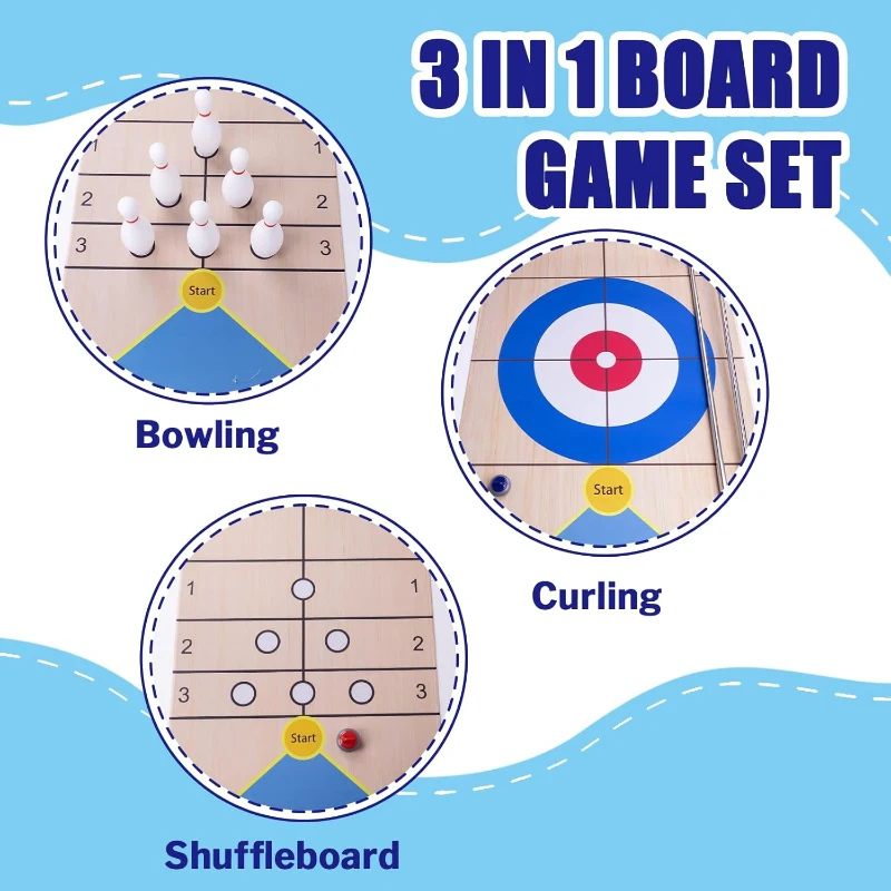3-in-1 Shuffleboard, Curling & Bowling Family Game Set with 8.98 ft Mat, 2 Pusher Cues, 8 Curling Rocks and 6 Bowling Pins
