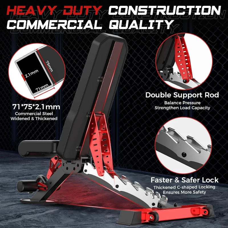 Pooboo Adjustable Weight Bench — Heavy-Duty Strength Training Bench, Flat/Incline/Decline, 1500 lb Capacity