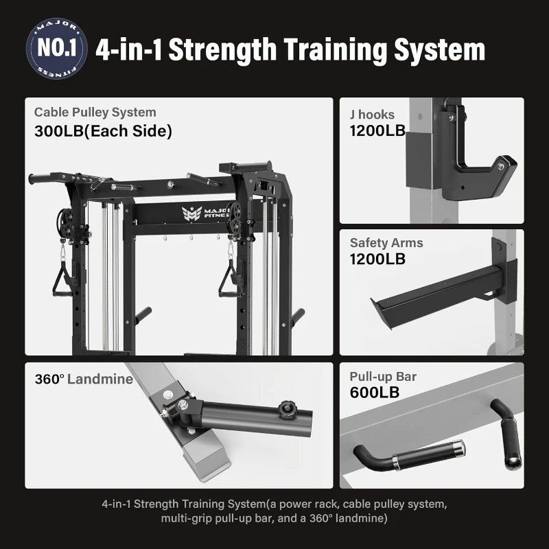 MAJOR FITNESS F22 Power Rack — 1600 lb All-in-One Squat Rack with Dual Pulley System