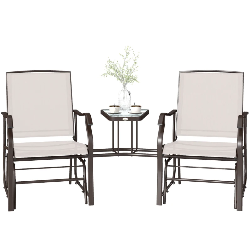 Outsunny Patio Double Glider Chair with Glass Top Center Table, Outdoor Glider Chair with High Back,  Sling Fabric for Garden, Bench, Beige