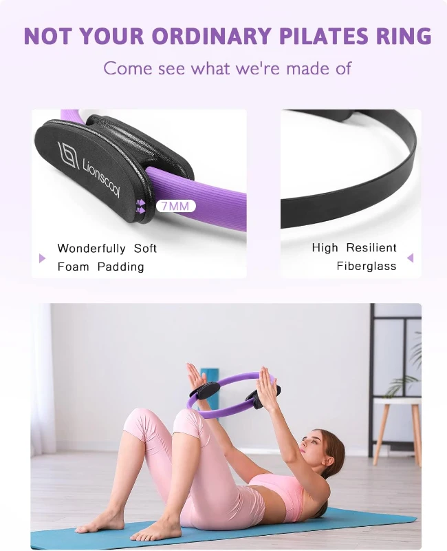 LIONSCOOL 14"" Pilates Ring Set — Anti-Deformation Magic Circle with Padded Handles, 9"" Mini Ball, 3 Fabric Resistance Bands, Guide & Bag