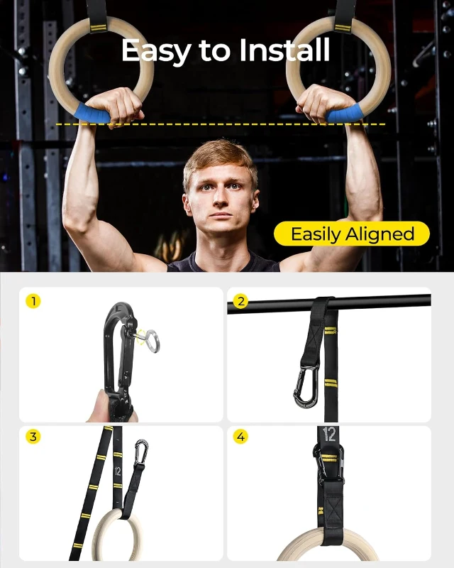 PACEARTH 32mm Wooden Gymnastics Rings 1500lbs with Screw-Lock Carabiners - 9ft Double-Layer Numbered Straps, Door Anchor & Foot Straps