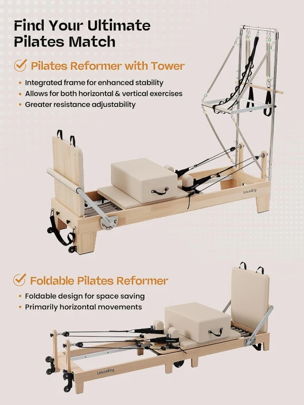 Oak Wood Pilates Reformer with Tower — Quick-Assembly Studio-Grade Reformer Machine with Tower & Accessories for Home and Gym