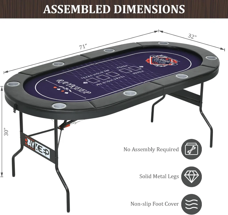 71-Inch Folding Poker Table for 6-8 Players — Portable Casino-Grade Felt Table with Collapsible Legs, Padded Rails and Deep Cup Holders for Texas Hold'em & Blackjack