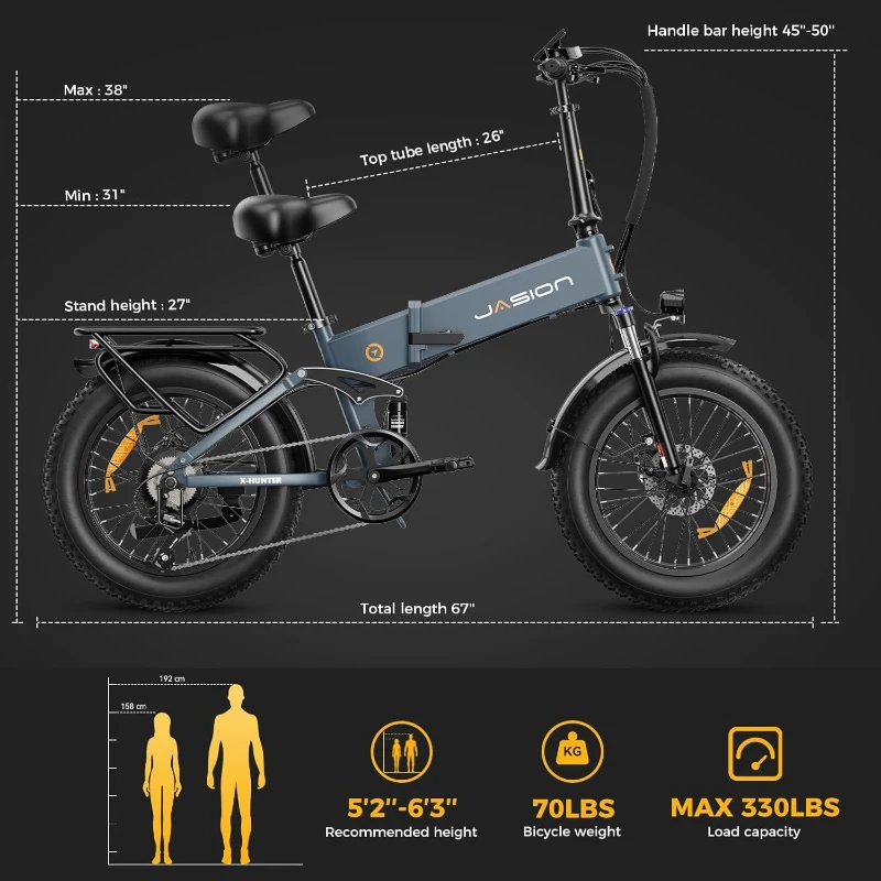 Jasion X-Hunter Foldable Electric Bicycle — Peak 1400W, 624Wh Removable Battery, 30 MPH, 20"" Fat Tires, Dual-Suspension, 55–70 Mile Range, 7-Speed