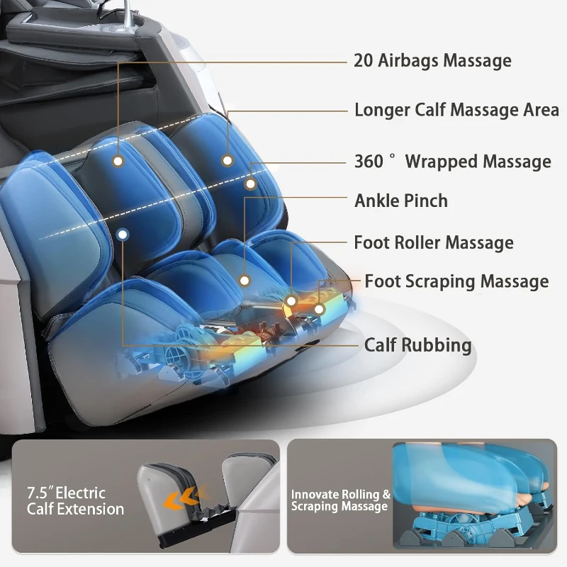 4D Full-Body Massage Chair Zero Gravity Recliner — 55"" S+L Track, 20 Auto Modes, 11 Techniques, 40 Airbags, Yoga Stretch, App Control, Negative Oxygen Ions (Grey)