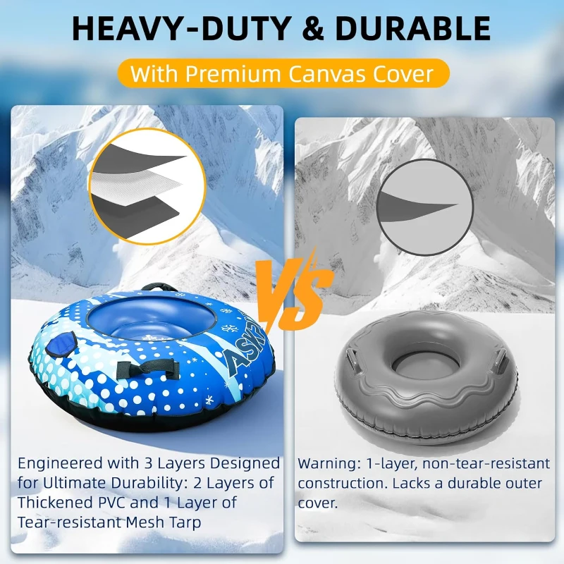 48"" Heavy-Duty Inflatable Snow Tube with Canvas Cover, Padded Handles, Thick Bottom & Tow Rope — Cold-Resistant Winter Sled (Includes Repair Patches)