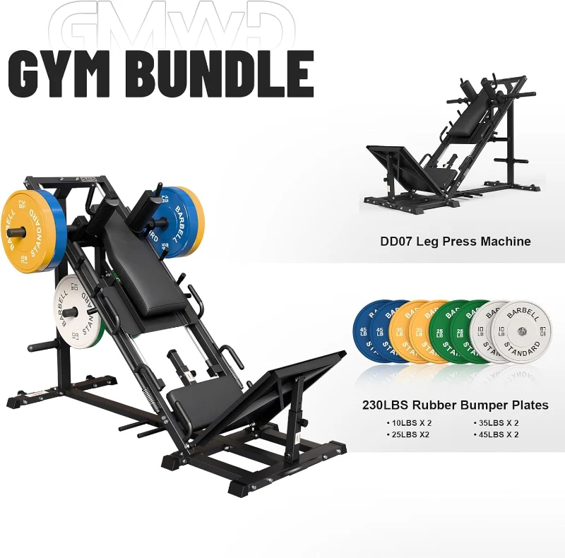 GMWD 45° Leg Press & Hack Squat Combo with Linear Bearing, 230 lb Stack and Weight Storage, Heavy-Duty Home Gym Machine