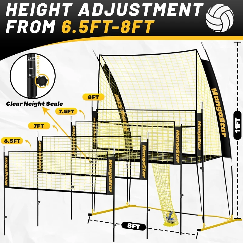 Mangostar Volleyball Training Net System (11 x 8 ft) — Freely Height-Adjustable 6.5–8 ft, Portable Indoor/Outdoor Practice Net for Serving, Setting & Spiking — Quick-Release, Easy Setup