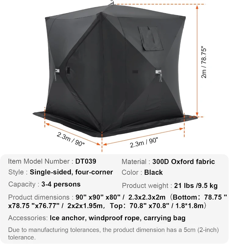 VEVOR Pop-Up Ice Fishing Shelter — Hub-Style Portable Tent, Insulated or Non-Insulated Options, Waterproof 300D Oxford Fabric, Includes Anchors, Ropes & Carry Bag (90 x 90 x 80 in)